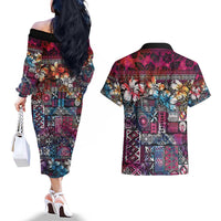 Pacific Hibiscus Tapa Tribal Vintage Couples Matching Off The Shoulder Long Sleeve Dress and Hawaiian Shirt Pink Motif LT9 - Polynesian Pride