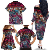 Pacific Hibiscus Tapa Tribal Vintage Family Matching Off The Shoulder Long Sleeve Dress and Hawaiian Shirt Pink Motif LT9 - Polynesian Pride