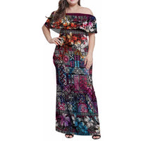 Pacific Hibiscus Tapa Tribal Vintage Family Matching Off Shoulder Maxi Dress and Hawaiian Shirt Pink Motif LT9 Mom's Dress Pink - Polynesian Pride