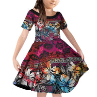 Pacific Hibiscus Tapa Tribal Vintage Family Matching Off Shoulder Short Dress and Hawaiian Shirt Pink Motif LT9 Daughter's Dress Pink - Polynesian Pride