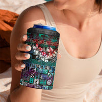 Pacific Hibiscus Tapa Tribal Vintage 4 in 1 Can Cooler Tumbler Turquoise Motif