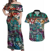 Pacific Hibiscus Tapa Tribal Vintage Couples Matching Off Shoulder Maxi Dress and Hawaiian Shirt Turquoise Motif LT9 Turquoise - Polynesian Pride