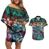 Pacific Hibiscus Tapa Tribal Vintage Couples Matching Off Shoulder Short Dress and Hawaiian Shirt Turquoise Motif LT9 Turquoise - Polynesian Pride