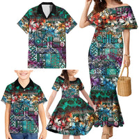 Pacific Hibiscus Tapa Tribal Vintage Family Matching Mermaid Dress and Hawaiian Shirt Turquoise Motif LT9 - Polynesian Pride