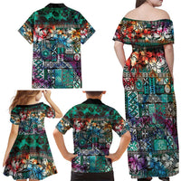 Pacific Hibiscus Tapa Tribal Vintage Family Matching Off Shoulder Maxi Dress and Hawaiian Shirt Turquoise Motif LT9 - Polynesian Pride