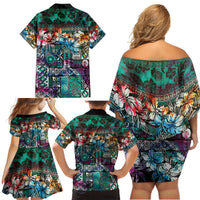 Pacific Hibiscus Tapa Tribal Vintage Family Matching Off Shoulder Short Dress and Hawaiian Shirt Turquoise Motif LT9 - Polynesian Pride
