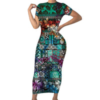 Pacific Hibiscus Tapa Tribal Vintage Family Matching Short Sleeve Bodycon Dress and Hawaiian Shirt Turquoise Motif LT9 Mom's Dress Turquoise - Polynesian Pride