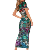 Pacific Hibiscus Tapa Tribal Vintage Family Matching Short Sleeve Bodycon Dress and Hawaiian Shirt Turquoise Motif LT9 - Polynesian Pride