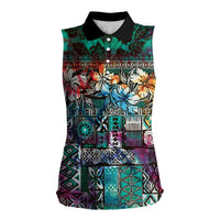 Pacific Hibiscus Tapa Tribal Vintage Women Sleeveless Polo Shirt Turquoise Motif