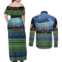 Personalised Fiji Viti Levu Couples Matching Off Shoulder Maxi Dress and Long Sleeve Button Shirt Tagimoucia and Tapa Tribal Pattern
