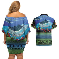 Personalised Fiji Viti Levu Couples Matching Off Shoulder Short Dress and Hawaiian Shirt Tagimoucia and Tapa Tribal Pattern LT9 - Polynesian Pride