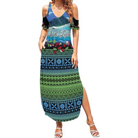 Personalised Fiji Viti Levu Family Matching Summer Maxi Dress and Hawaiian Shirt Tagimoucia and Tapa Tribal Pattern LT9 Mom's Dress Blue - Polynesian Pride
