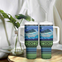 Personalised Fiji Viti Levu Tumbler With Handle Tagimoucia and Tapa Tribal Pattern