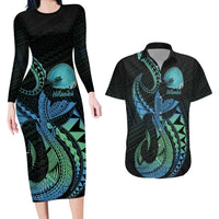 Personalised Hawaii Kure Atoll Couples Matching Long Sleeve Bodycon Dress and Hawaiian Shirt Holaniku Coral Reef with Polynesian Tribal LT9 Blue - Polynesian Pride
