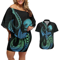 Personalised Hawaii Kure Atoll Couples Matching Off Shoulder Short Dress and Hawaiian Shirt Holaniku Coral Reef with Polynesian Tribal LT9 Blue - Polynesian Pride