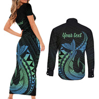 Personalised Hawaii Kure Atoll Couples Matching Short Sleeve Bodycon Dress and Long Sleeve Button Shirt Holaniku Coral Reef with Polynesian Tribal LT9 - Polynesian Pride