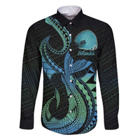 Personalised Hawaii Kure Atoll Family Matching Mermaid Dress and Hawaiian Shirt Holaniku Coral Reef with Polynesian Tribal LT9 Dad's Shirt - Long Sleeve Blue - Polynesian Pride