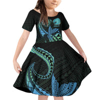 Personalised Hawaii Kure Atoll Family Matching Off Shoulder Short Dress and Hawaiian Shirt Holaniku Coral Reef with Polynesian Tribal LT9 Daughter's Dress Blue - Polynesian Pride