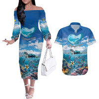Personalised Palau Kayangel Atoll Couples Matching Off The Shoulder Long Sleeve Dress and Hawaiian Shirt Turtle With Coral Reef Under Water LT9 Blue - Polynesian Pride