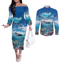 Personalised Palau Kayangel Atoll Couples Matching Off The Shoulder Long Sleeve Dress and Long Sleeve Button Shirt Turtle With Coral Reef Under Water LT9 Blue - Polynesian Pride