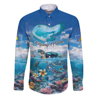 Personalised Palau Kayangel Atoll Family Matching Long Sleeve Bodycon Dress and Hawaiian Shirt Turtle With Coral Reef Under Water LT9 Dad's Shirt - Long Sleeve Blue - Polynesian Pride