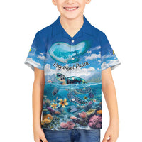 Personalised Palau Kayangel Atoll Family Matching Short Sleeve Bodycon Dress and Hawaiian Shirt Turtle With Coral Reef Under Water LT9 Son's Shirt Blue - Polynesian Pride