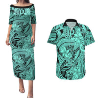 Polynesia Couples Matching Puletasi Dress and Hawaiian Shirt Tribal Polynesian Spirit With Teal Pacific Flowers LT9 Teal - Polynesian Pride