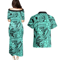 Polynesia Couples Matching Puletasi Dress and Hawaiian Shirt Tribal Polynesian Spirit With Teal Pacific Flowers LT9 - Polynesian Pride