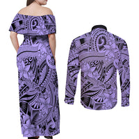 Polynesia Couples Matching Off Shoulder Maxi Dress and Long Sleeve Button Shirt Tribal Polynesian Spirit With Violet Pacific Flowers LT9 - Polynesian Pride