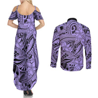 Polynesia Couples Matching Summer Maxi Dress and Long Sleeve Button Shirt Tribal Polynesian Spirit With Violet Pacific Flowers LT9 - Polynesian Pride