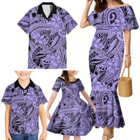 Polynesia Family Matching Mermaid Dress and Hawaiian Shirt Tribal Polynesian Spirit With Violet Pacific Flowers LT9 - Polynesian Pride