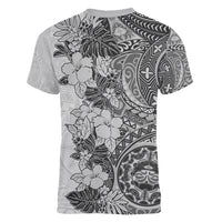 Polynesia Women V Neck T Shirt Hibiscus and Hawaiian Tribal Tattoo Retro Style Gray Color LT9 - Polynesian Pride