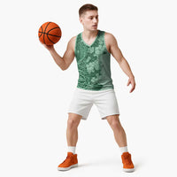 Polynesia Basketball Jersey Hibiscus Hawaiian Tribal Tattoo Retro Green - Polynesian Pride