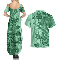 Polynesia Couples Matching Summer Maxi Dress and Hawaiian Shirt Hibiscus and Hawaiian Tribal Tattoo Retro Style Green Color LT9 - Polynesian Pride