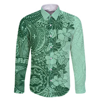 Polynesia Family Matching Tank Maxi Dress and Hawaiian Shirt Hibiscus and Hawaiian Tribal Tattoo Retro Style Green Color LT9 Dad's Shirt - Long Sleeve Green - Polynesian Pride