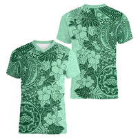 Polynesia Women V Neck T Shirt Hibiscus and Hawaiian Tribal Tattoo Retro Style Green Color LT9 - Polynesian Pride