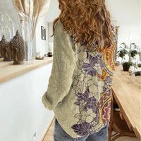 Polynesia Women Casual Shirt Hibiscus and Hawaiian Tribal Tattoo Retro Style Tan Color LT9 - Polynesian Pride