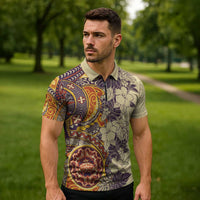Polynesia Zipper Polo Shirt Hibiscus Hawaiian Tribal Tattoo Retro Tan - Polynesian Pride