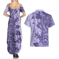 Polynesia Couples Matching Summer Maxi Dress and Hawaiian Shirt Hibiscus and Hawaiian Tribal Tattoo Retro Style Violet Color LT9 - Polynesian Pride