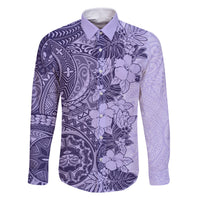Polynesia Family Matching Off Shoulder Maxi Dress and Hawaiian Shirt Hibiscus and Hawaiian Tribal Tattoo Retro Style Violet Color LT9 Dad's Shirt - Long Sleeve Violet - Polynesian Pride