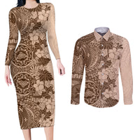 Polynesia Couples Matching Long Sleeve Bodycon Dress and Long Sleeve Button Shirt Hibiscus and Hawaiian Tribal Tattoo Retro Style Pink Pastel LT9 Pink Pastel - Polynesian Pride