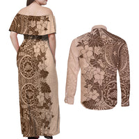 Polynesia Couples Matching Off Shoulder Maxi Dress and Long Sleeve Button Shirt Hibiscus and Hawaiian Tribal Tattoo Retro Style Pink Pastel LT9 - Polynesian Pride