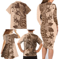 Polynesia Family Matching Long Sleeve Bodycon Dress and Hawaiian Shirt Hibiscus and Hawaiian Tribal Tattoo Retro Style Pink Pastel LT9 - Polynesian Pride