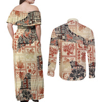 Hawaii Couples Matching Off Shoulder Maxi Dress and Long Sleeve Button Shirt Aloha Tribal Pattern Beige Version LT9 - Polynesian Pride