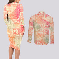 Hawaii Couples Matching Long Sleeve Bodycon Dress and Long Sleeve Button Shirt Aloha Tribal Pattern Sweat Pink Ombre LT9 - Polynesian Pride