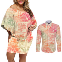 Hawaii Couples Matching Off Shoulder Short Dress and Long Sleeve Button Shirt Aloha Tribal Pattern Sweat Pink Ombre LT9 Pink - Polynesian Pride
