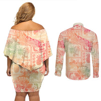 Hawaii Couples Matching Off Shoulder Short Dress and Long Sleeve Button Shirt Aloha Tribal Pattern Sweat Pink Ombre LT9 - Polynesian Pride