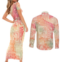 Hawaii Couples Matching Short Sleeve Bodycon Dress and Long Sleeve Button Shirt Aloha Tribal Pattern Sweat Pink Ombre LT9 - Polynesian Pride