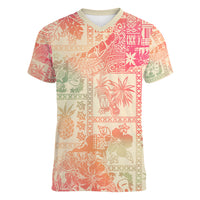 Hawaii Women V Neck T Shirt Aloha Tribal Pattern Sweat Pink Ombre LT9 Female Pink - Polynesian Pride