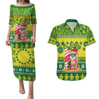Cook Islands Christmas Couples Matching Puletasi Dress and Hawaiian Shirt Santa Beach Meri Kiritimiti LT9 Green - Polynesian Pride